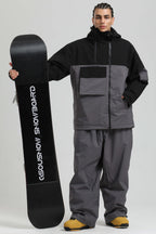 Men's Black & Coffee Asym-Zip Multi-Pocket Ski Jacket Utility Waterproof Snow Jacket