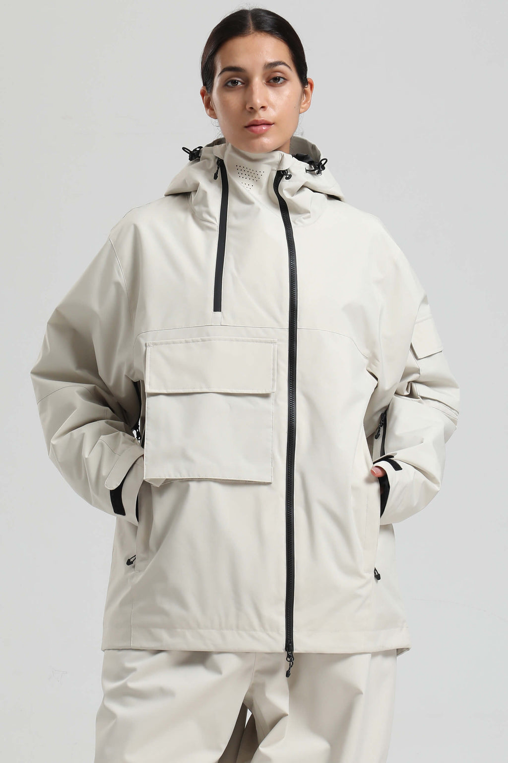 Women's Green & Black Asym-Zip Multi-Pocket Ski Jacket Utility Waterproof Snow Jacket