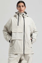 Women's White & Black Asym-Zip Multi-Pocket Ski Jacket Utility Waterproof Snow Jacket