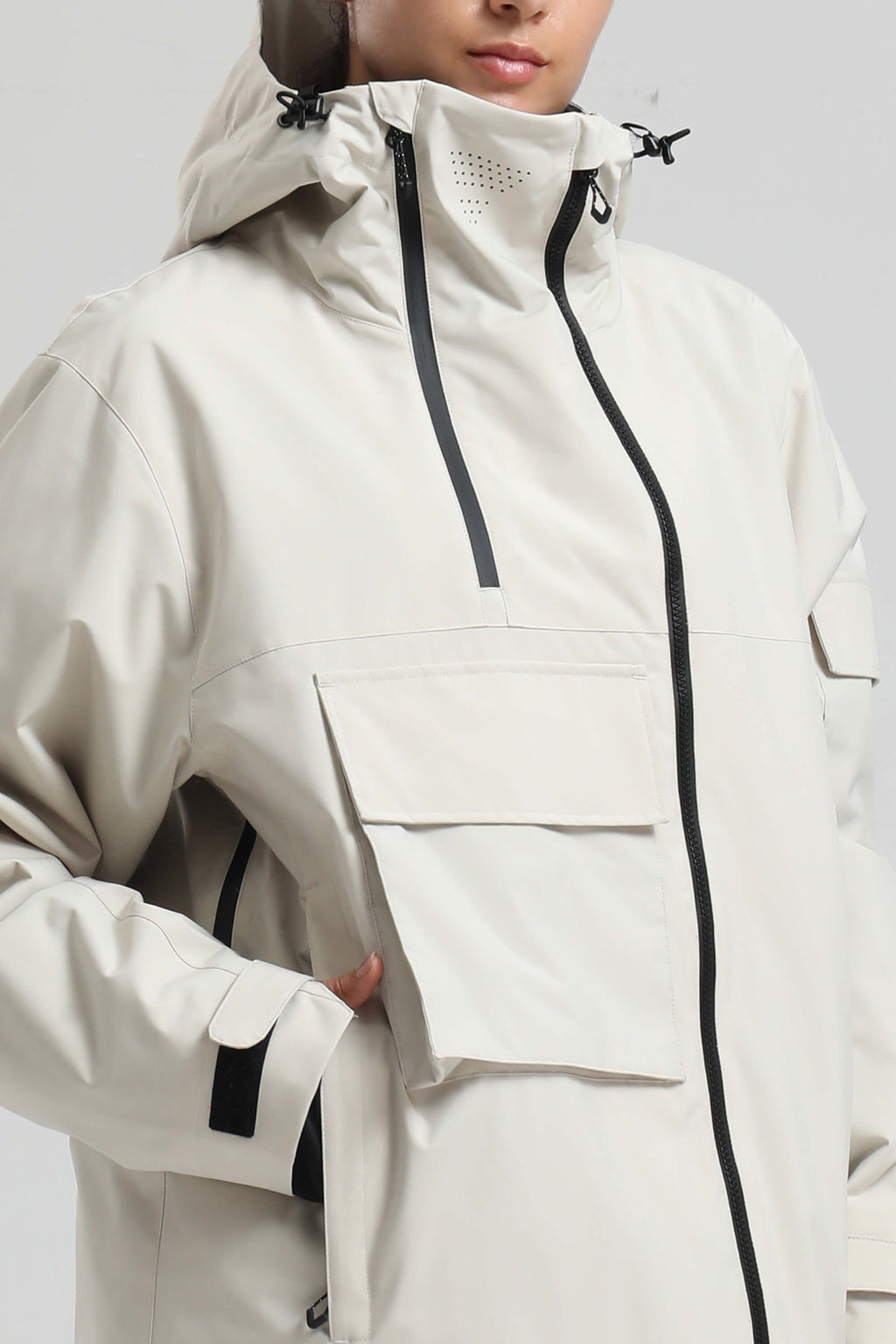 Women's Off White Asym-Zip Utility Snow Jacket Pocket Waterproof Ski Jacket - Gsou Snow