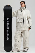 Women's Off White Asym-Zip Utility Snow Jacket Pocket Waterproof Ski Jacket - Gsou Snow