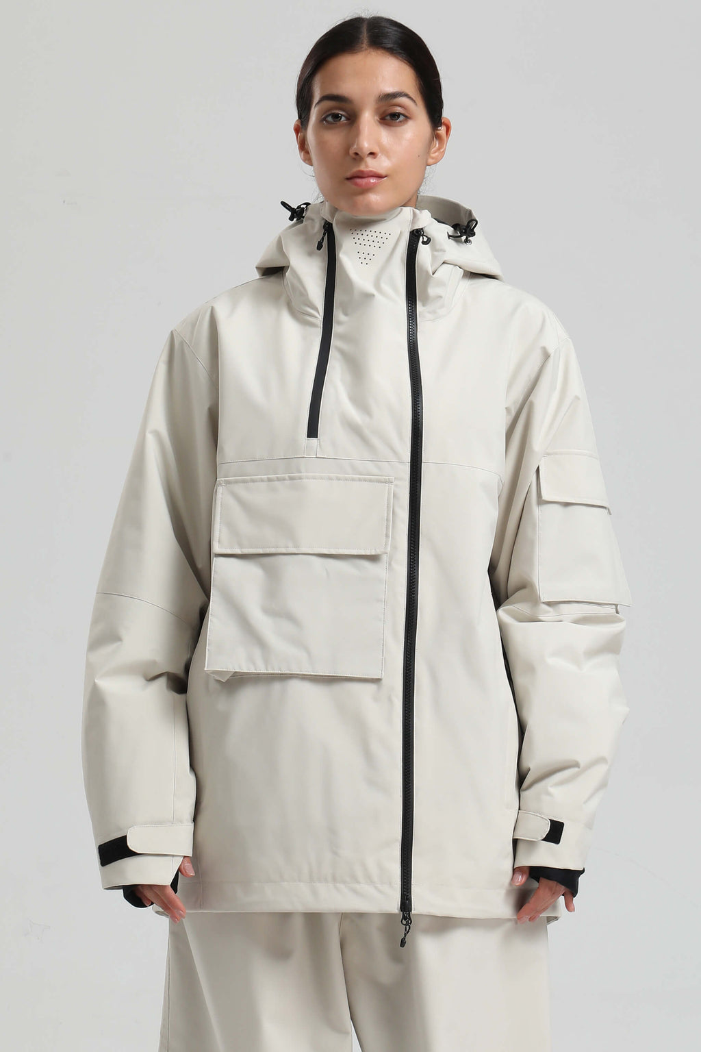 Women's Off White Asym-Zip Utility Snow Jacket Pocket Waterproof Ski Jacket - Gsou Snow