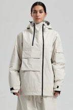Women's Off White Asym-Zip Utility Snow Jacket Pocket Waterproof Ski Jacket - Gsou Snow