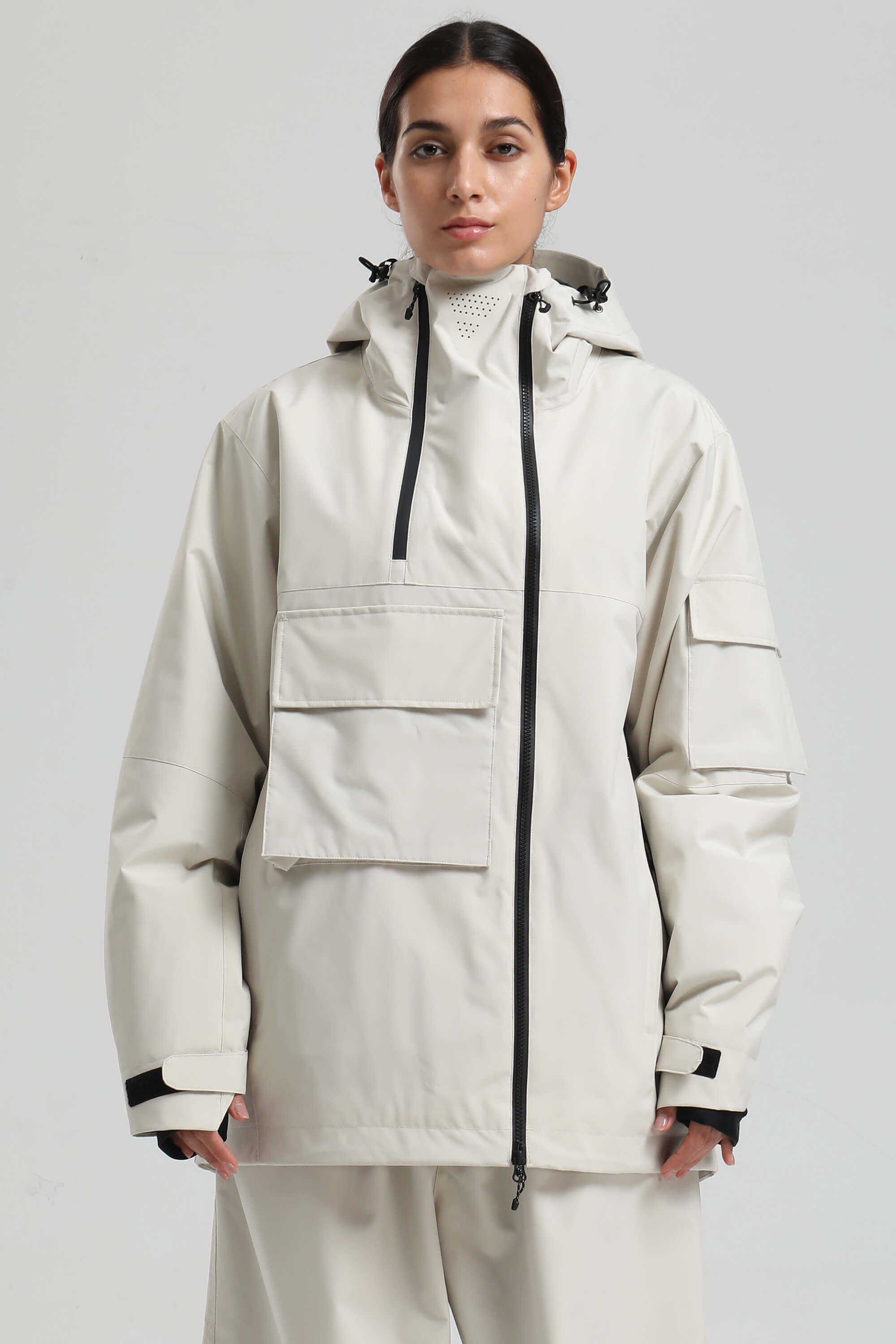 Women's Off White Asym-Zip Utility Snow Jacket Pocket Waterproof Ski Jacket - Gsou Snow