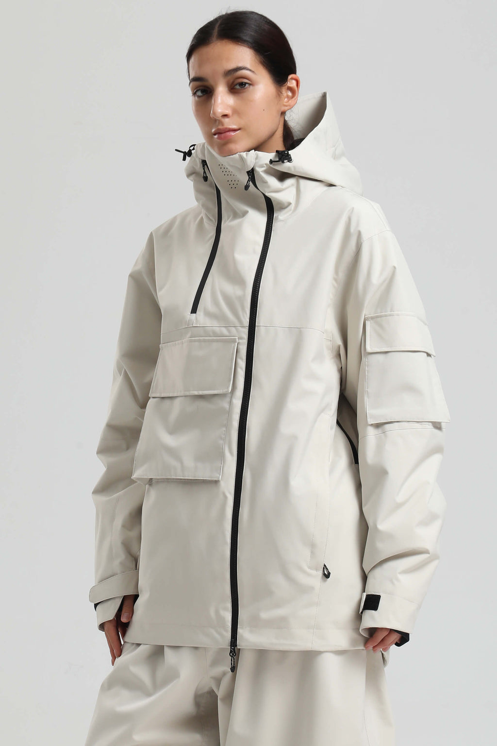 Women's White & Black Asym-Zip Multi-Pocket Ski Jacket Utility Waterproof Snow Jacket