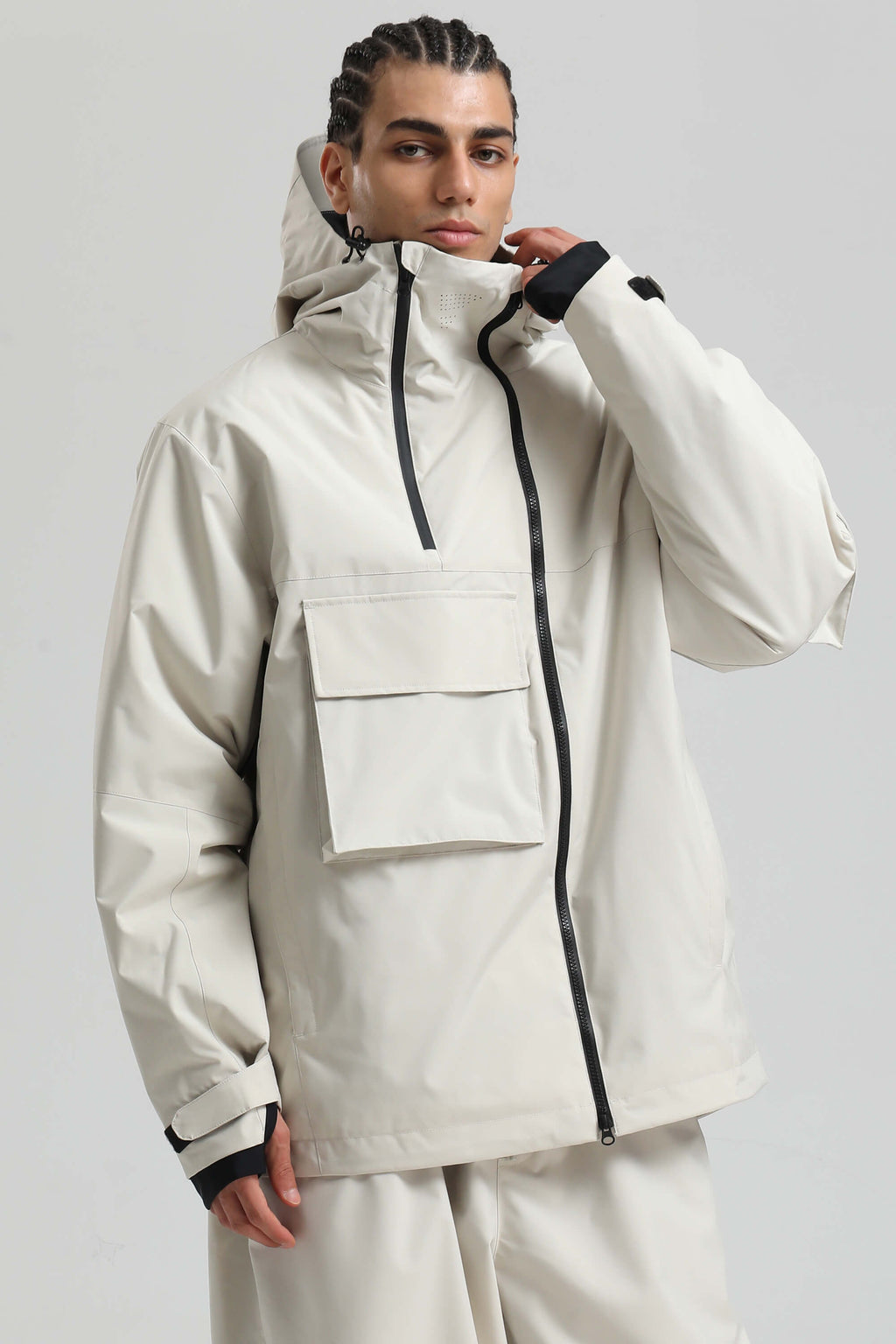 Men's Khaki Asym-Zip Multi-Pocket Ski Jacket Utility Waterproof Snow Jacket