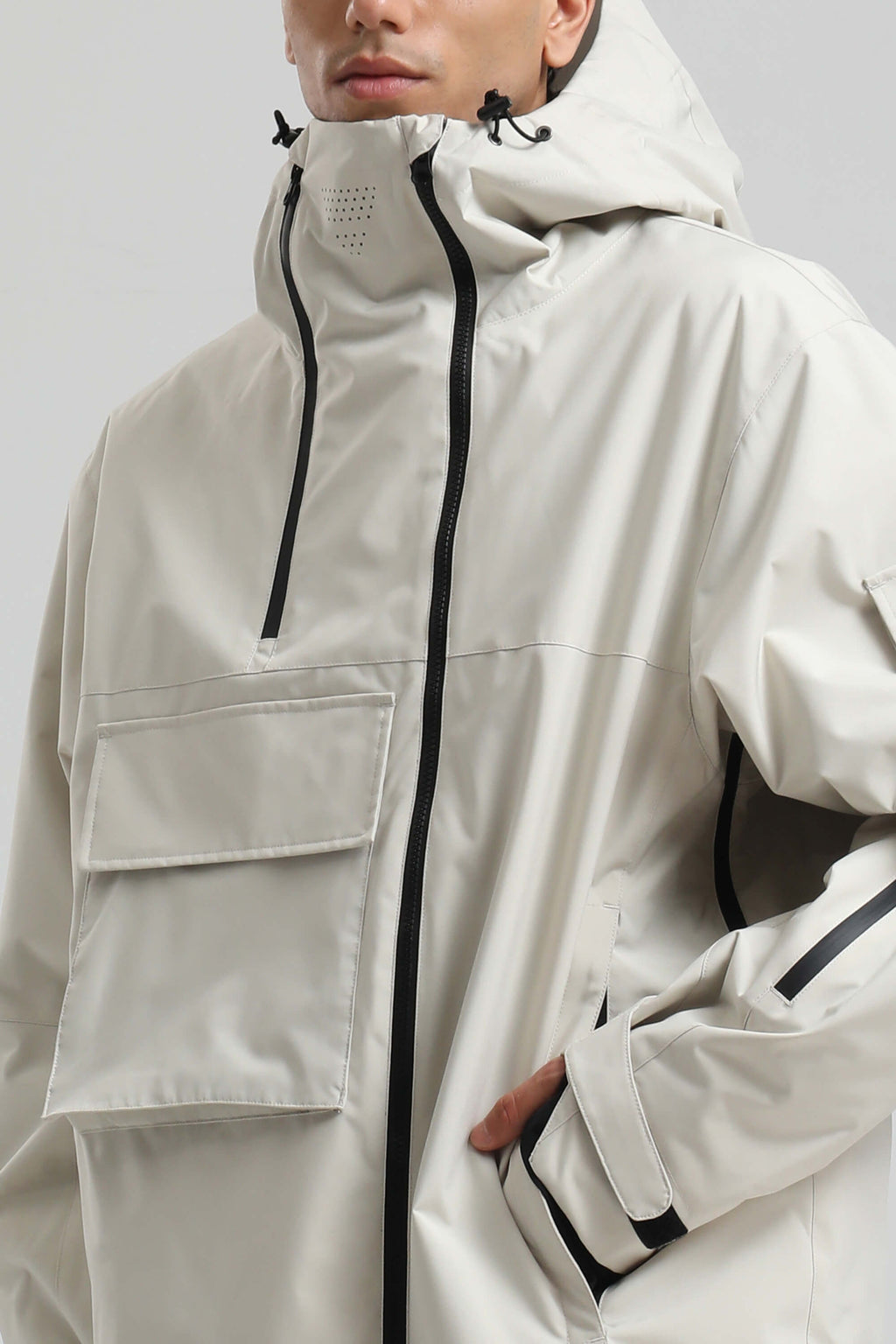 Men's Off White Asym-Zip Utility Snow Jacket Pocket Waterproof Ski Jacket - Gsou Snow