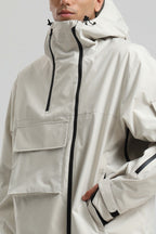 Men's Off White Asym-Zip Utility Snow Jacket Pocket Waterproof Ski Jacket - Gsou Snow