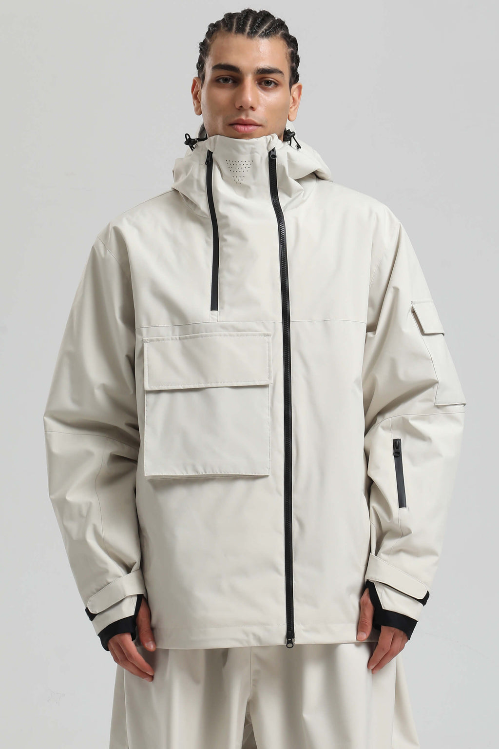 Men's Khaki Asym-Zip Multi-Pocket Ski Jacket Utility Waterproof Snow Jacket