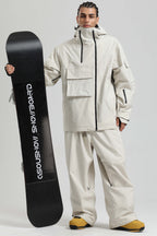 Men's Off White Asym-Zip Utility Snow Jacket Pocket Waterproof Ski Jacket - Gsou Snow