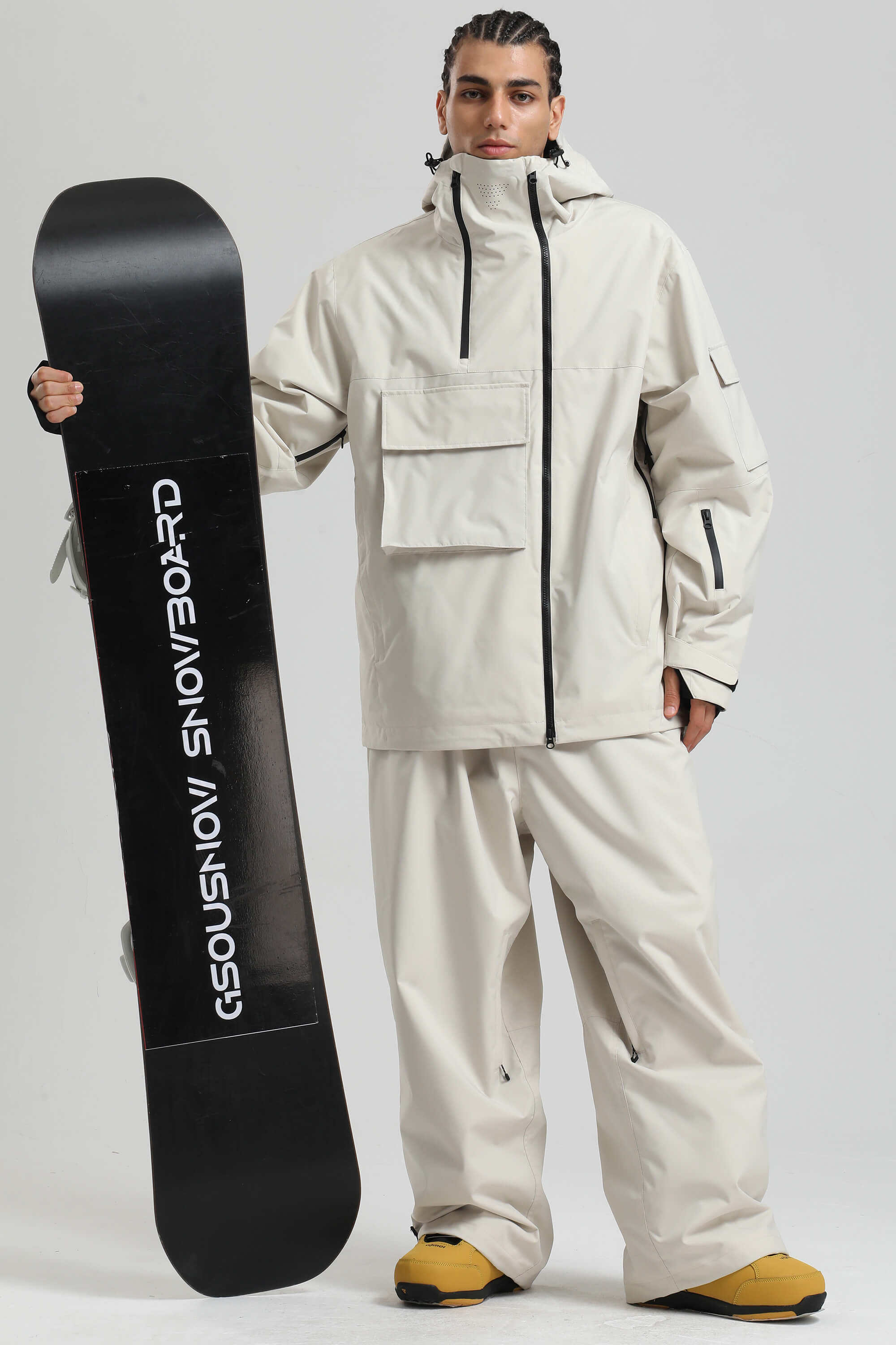 Men's Off White Asym-Zip Utility Snow Jacket Pocket Waterproof Ski Jacket - Gsou Snow