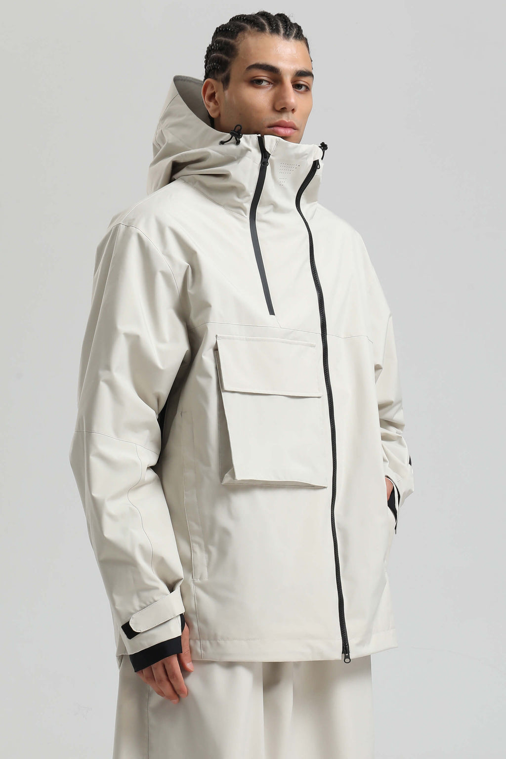 Men's Off White Asym-Zip Utility Snow Jacket Pocket Waterproof Ski Jacket - Gsou Snow