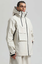Men's Off White Asym-Zip Utility Snow Jacket Pocket Waterproof Ski Jacket - Gsou Snow