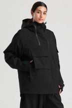 Women's Black & Khaki Asym-Zip Multi-Pocket Ski Jacket Utility Waterproof Snow Jacket