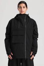 Women's Green & Black Asym-Zip Multi-Pocket Ski Jacket Utility Waterproof Snow Jacket