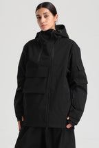 Women's Black Asym-Zip Utility Snow Jacket Pocket Waterproof Ski Jacket - Gsou Snow