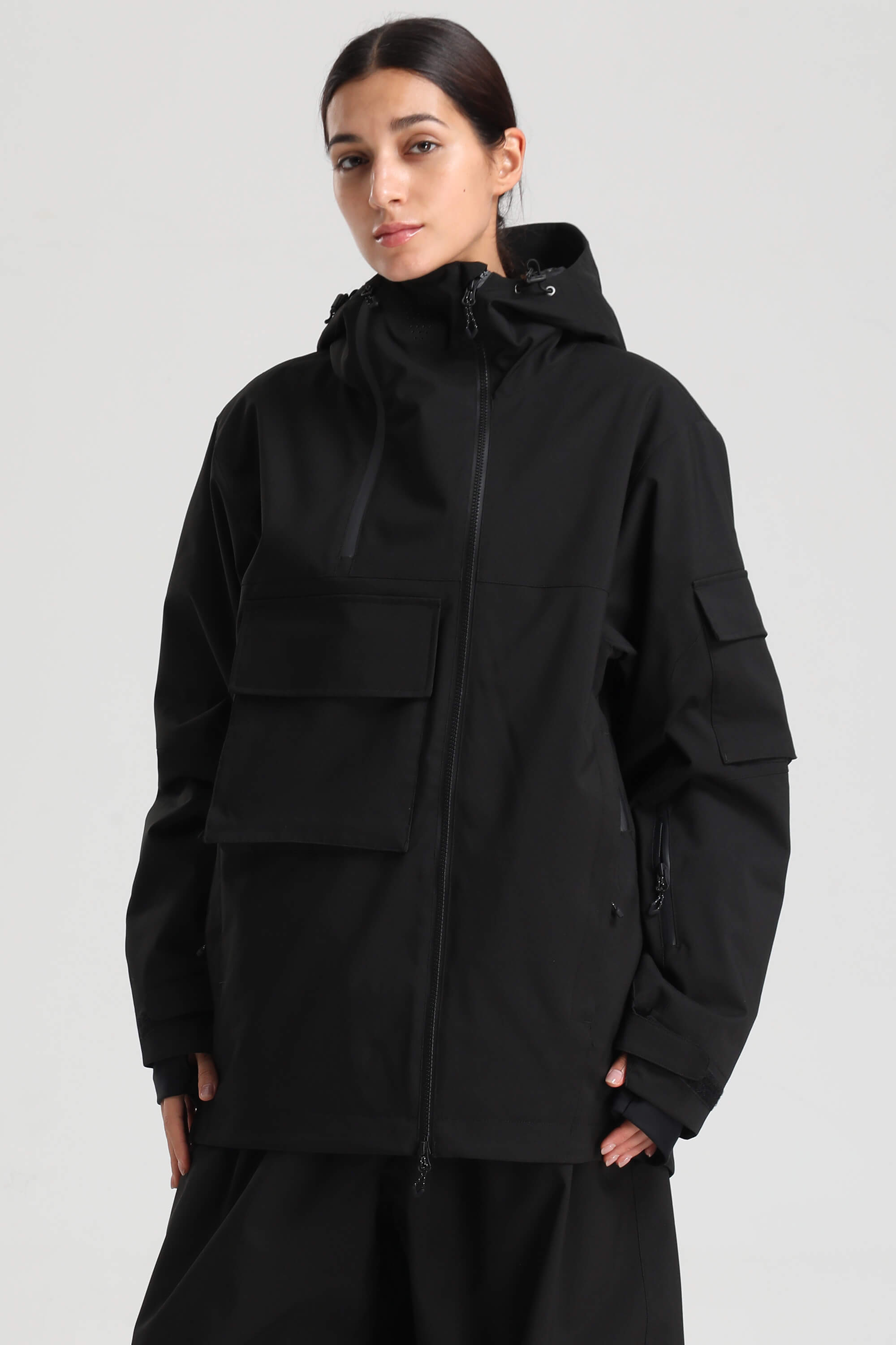 Women's Black Asym-Zip Utility Snow Jacket Pocket Waterproof Ski Jacket - Gsou Snow