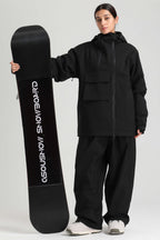 Women's Black Asym-Zip Utility Snow Jacket Pocket Waterproof Ski Jacket - Gsou Snow
