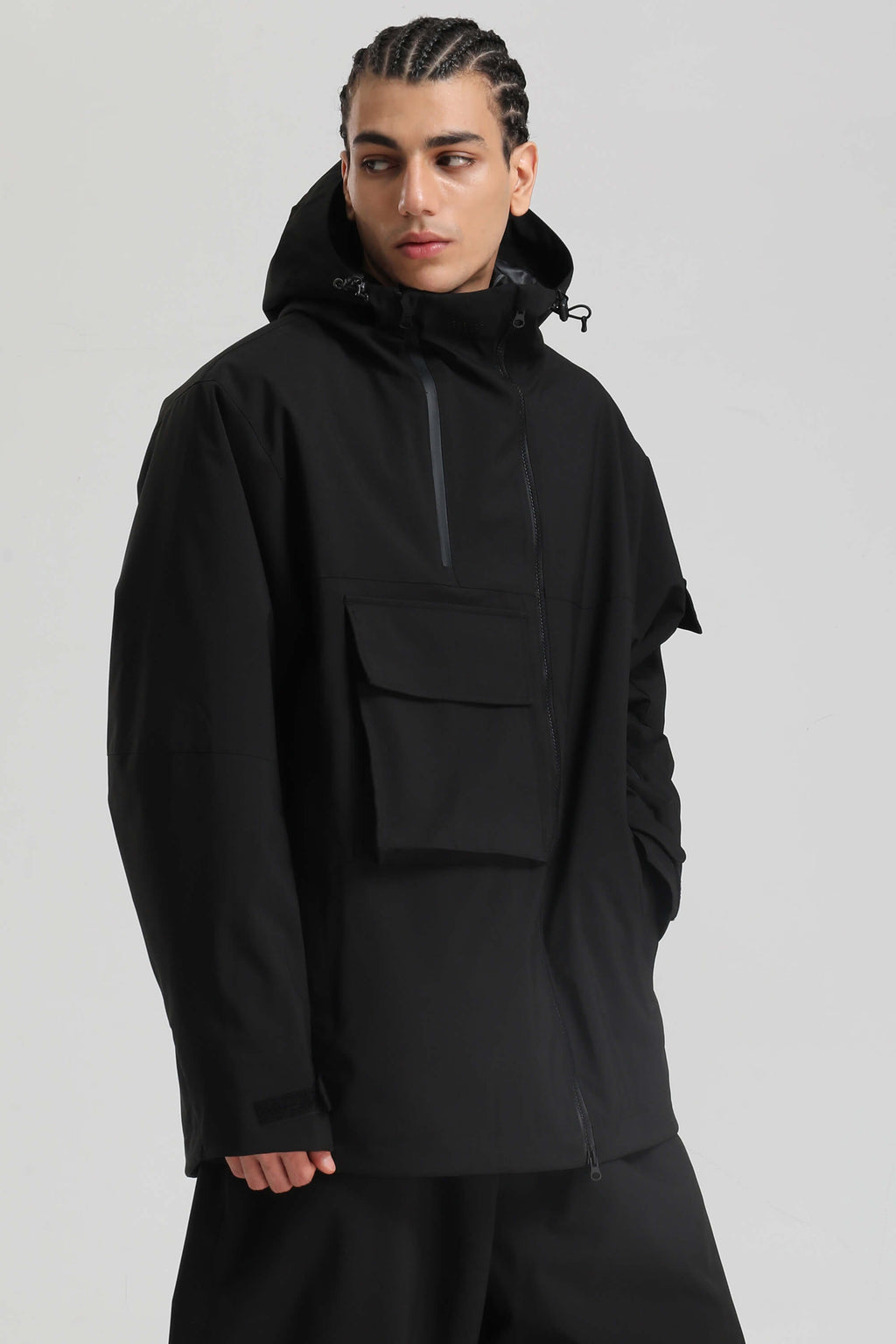Men's Black & Khaki Asym-Zip Multi-Pocket Ski Jacket Utility Waterproof Snow Jacket