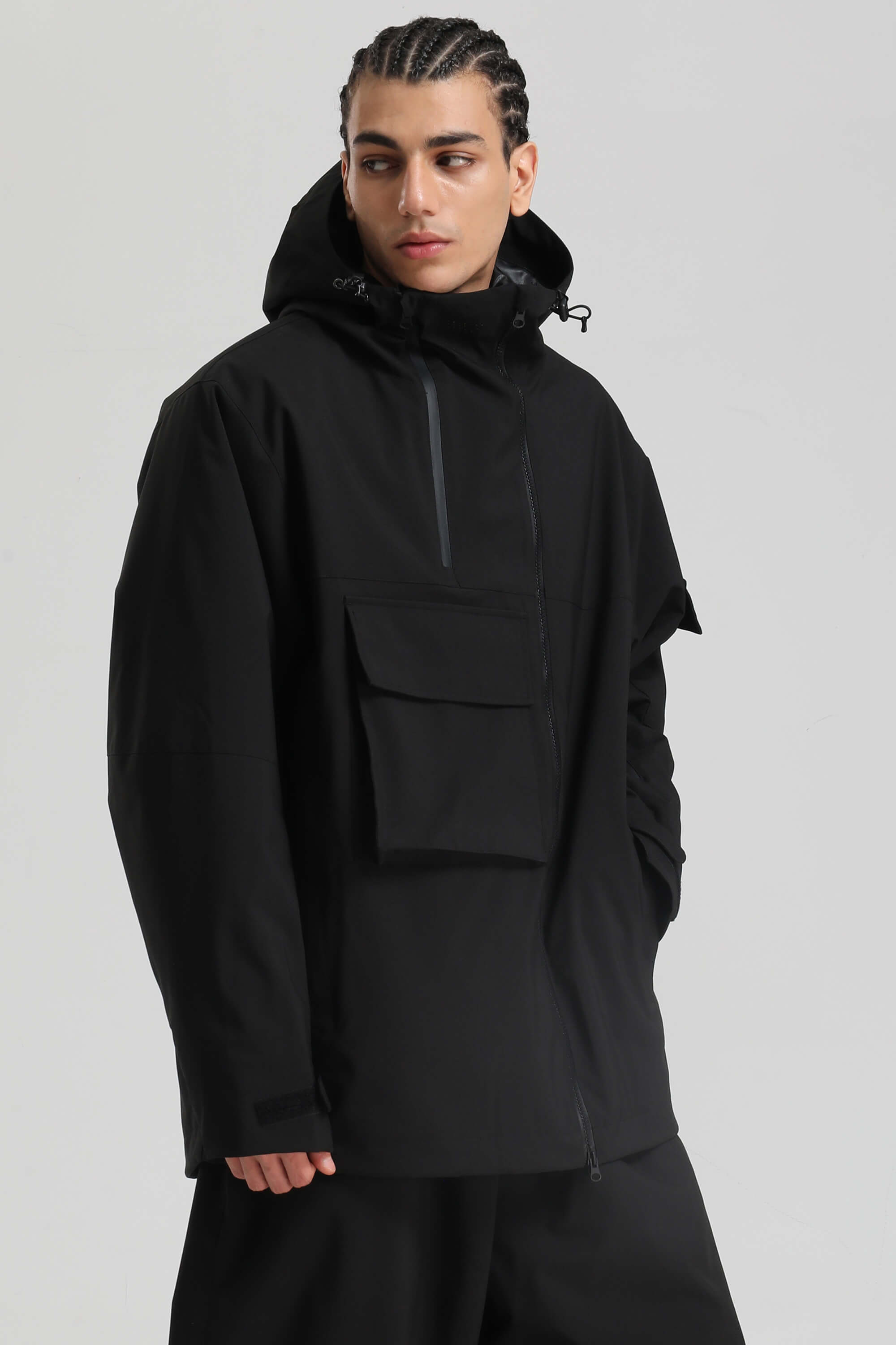 Men's Black & Khaki Asym-Zip Multi-Pocket Ski Jacket Utility Waterproof Snow Jacket