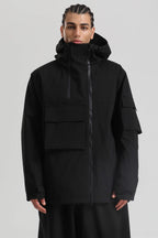 Men's White & Black Asym-Zip Multi-Pocket Ski Jacket Utility Waterproof Snow Jacket