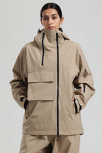 Women's Khaki & White Asym-Zip Multi-Pocket Ski Jacket Utility Waterproof Snow Jacket