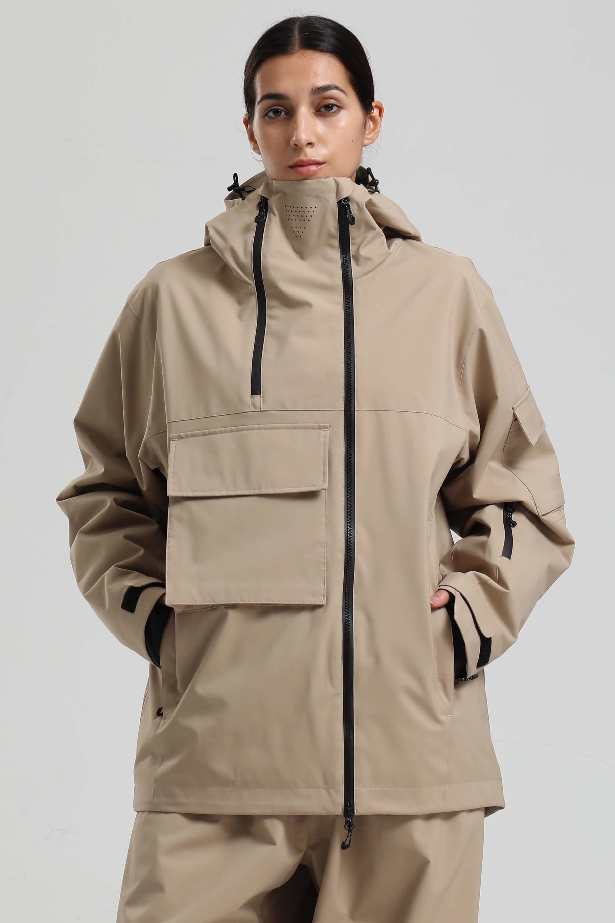 Women's Black Asym-Zip Multi-Pocket Ski Jacket Utility Waterproof Snow Jacket