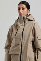 Women's Khaki Asym-Zip Utility Snow Jacket Pocket Waterproof Ski Jacket - Gsou Snow