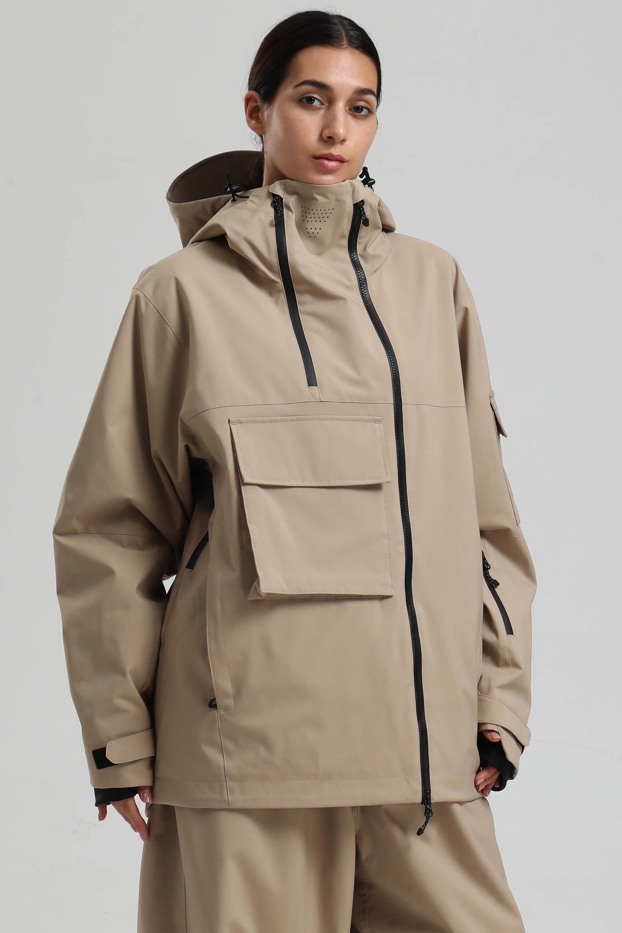 Women's Khaki Asym-Zip Multi-Pocket Ski Jacket Utility Waterproof Snow Jacket