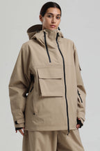 Women's Black & Grey Asym-Zip Multi-Pocket Ski Jacket Utility Waterproof Snow Jacket