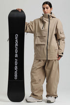 Women's Khaki Asym-Zip Utility Snow Jacket Pocket Waterproof Ski Jacket - Gsou Snow