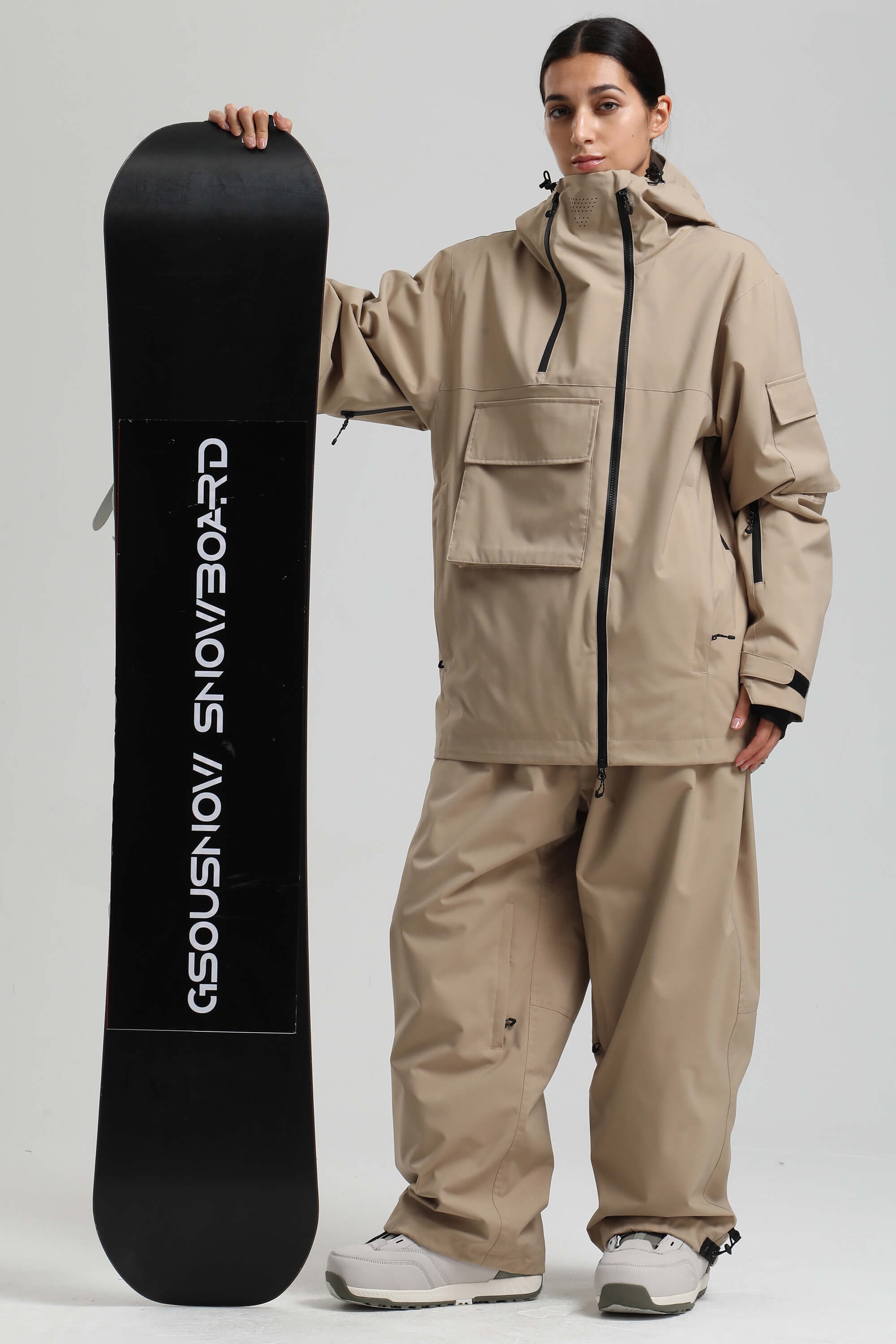 Women's Khaki Asym-Zip Utility Snow Jacket Pocket Waterproof Ski Jacket - Gsou Snow