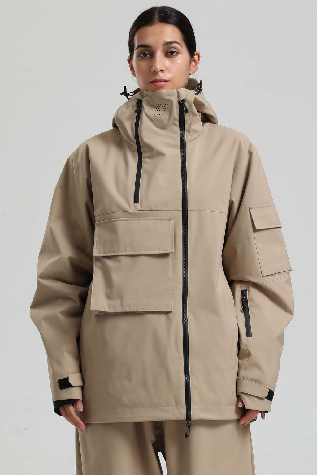Women's Khaki Asym-Zip Utility Snow Jacket Pocket Waterproof Ski Jacket - Gsou Snow