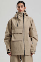 Women's Khaki Asym-Zip Utility Snow Jacket Pocket Waterproof Ski Jacket - Gsou Snow