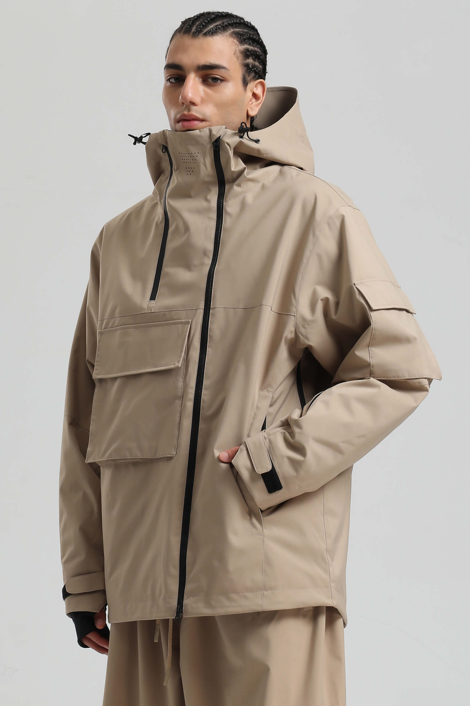 Men's Green & Black Asym-Zip Multi-Pocket Ski Jacket Utility Waterproof Snow Jacket