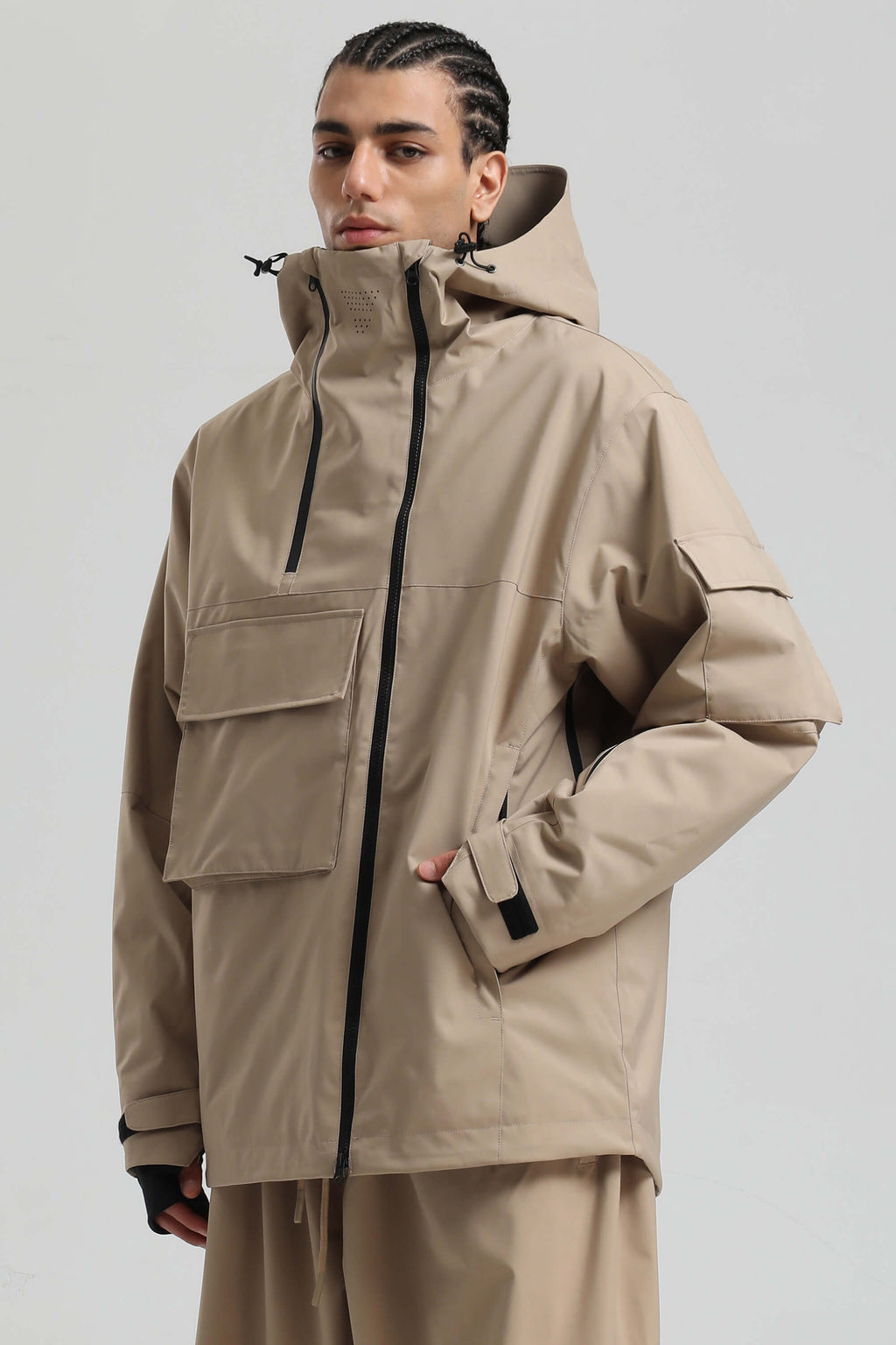 Men's Khaki Asym-Zip Multi-Pocket Ski Jacket Utility Waterproof Snow Jacket