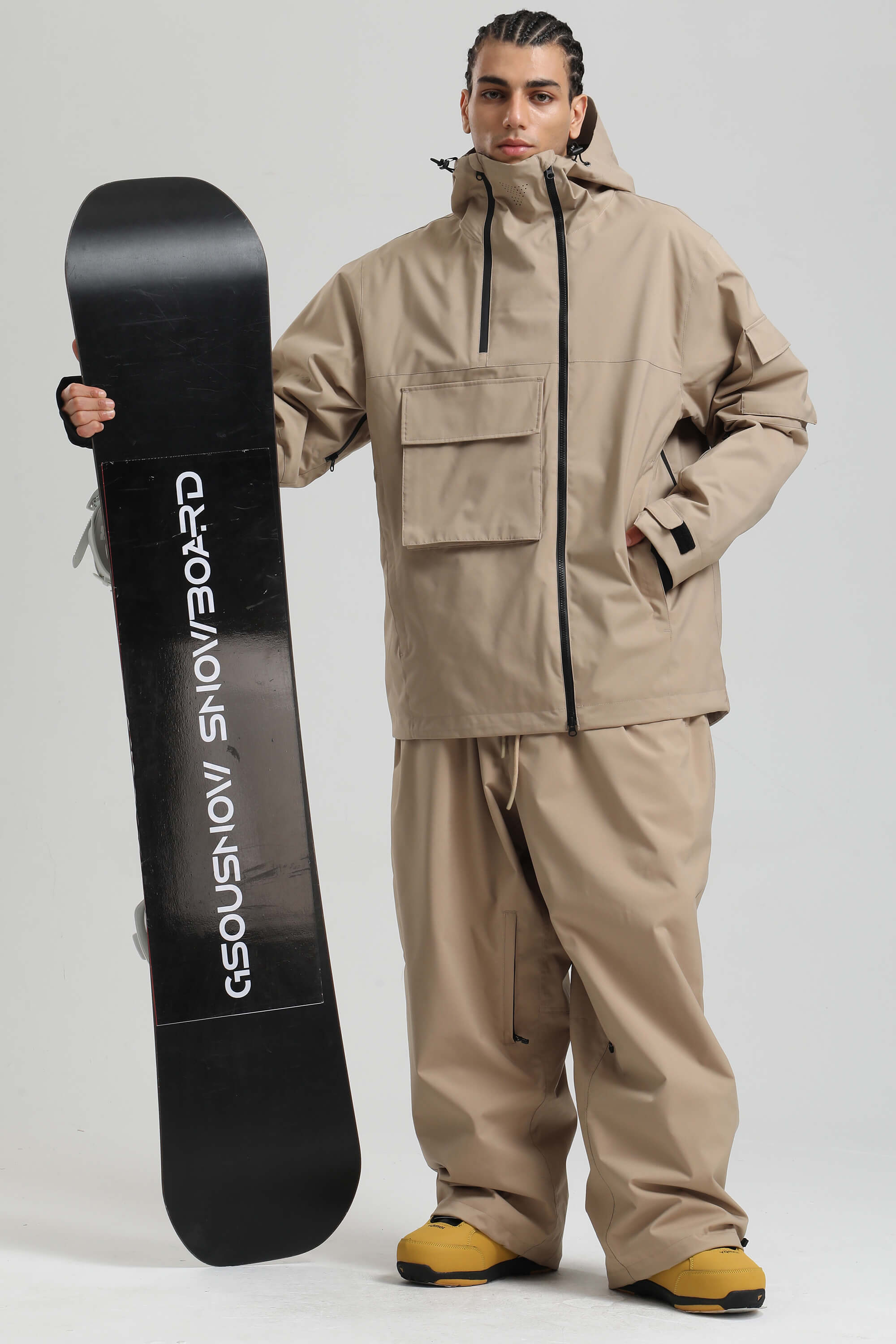 Men's Khaki Asym-Zip Utility Snow Jacket Pocket Waterproof Ski Jacket - Gsou Snow