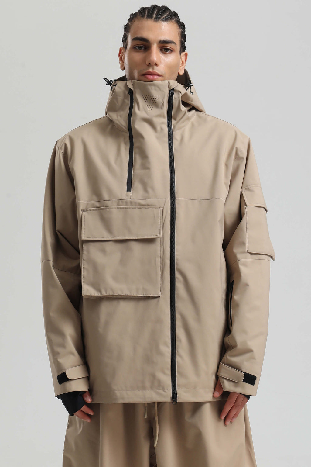 Men's Black & Khaki Asym-Zip Multi-Pocket Ski Jacket Utility Waterproof Snow Jacket