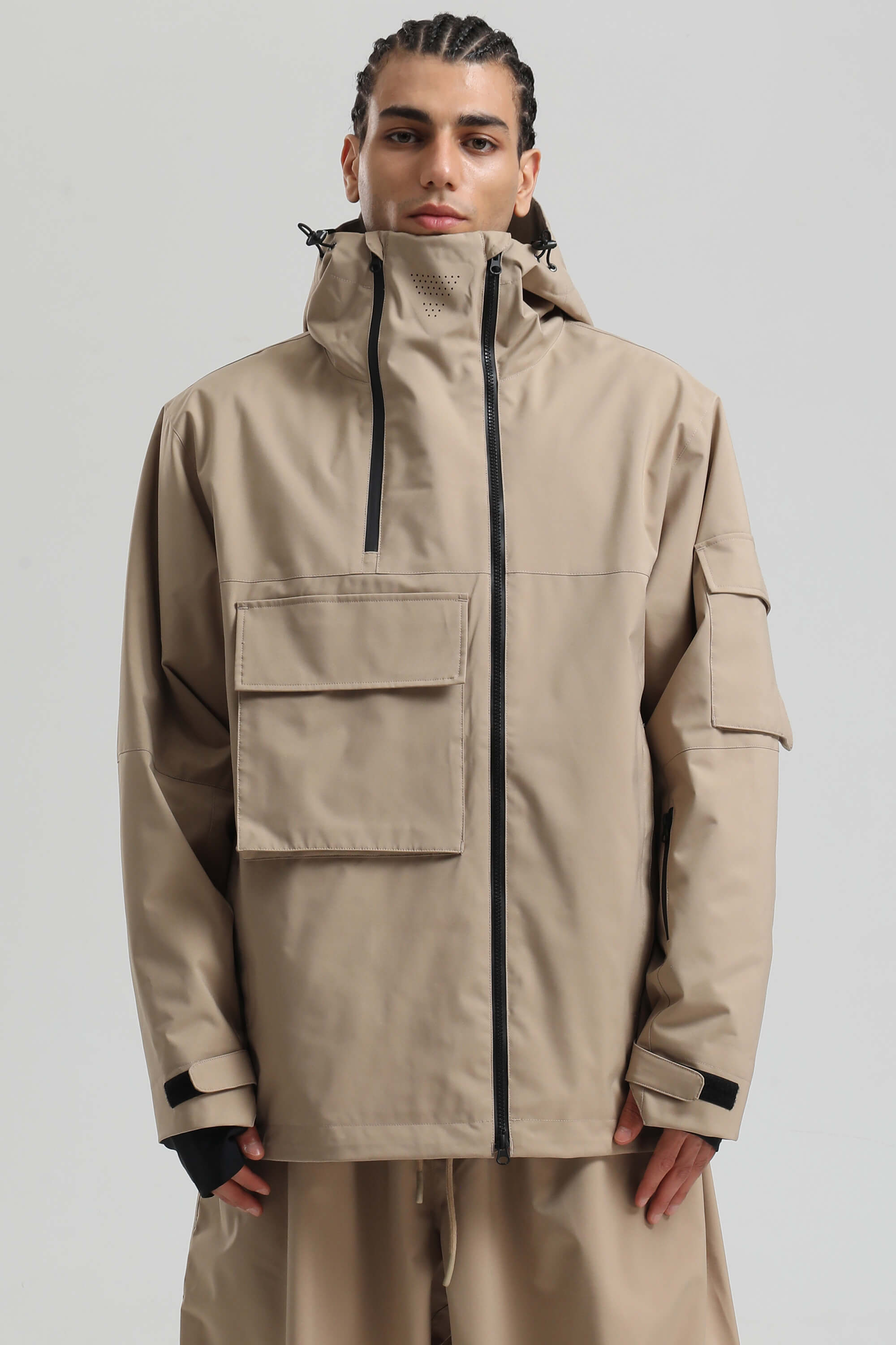 Men's Khaki & White Asym-Zip Multi-Pocket Ski Jacket Utility Waterproof Snow Jacket