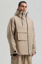 Men's Khaki Asym-Zip Utility Snow Jacket Pocket Waterproof Ski Jacket - Gsou Snow