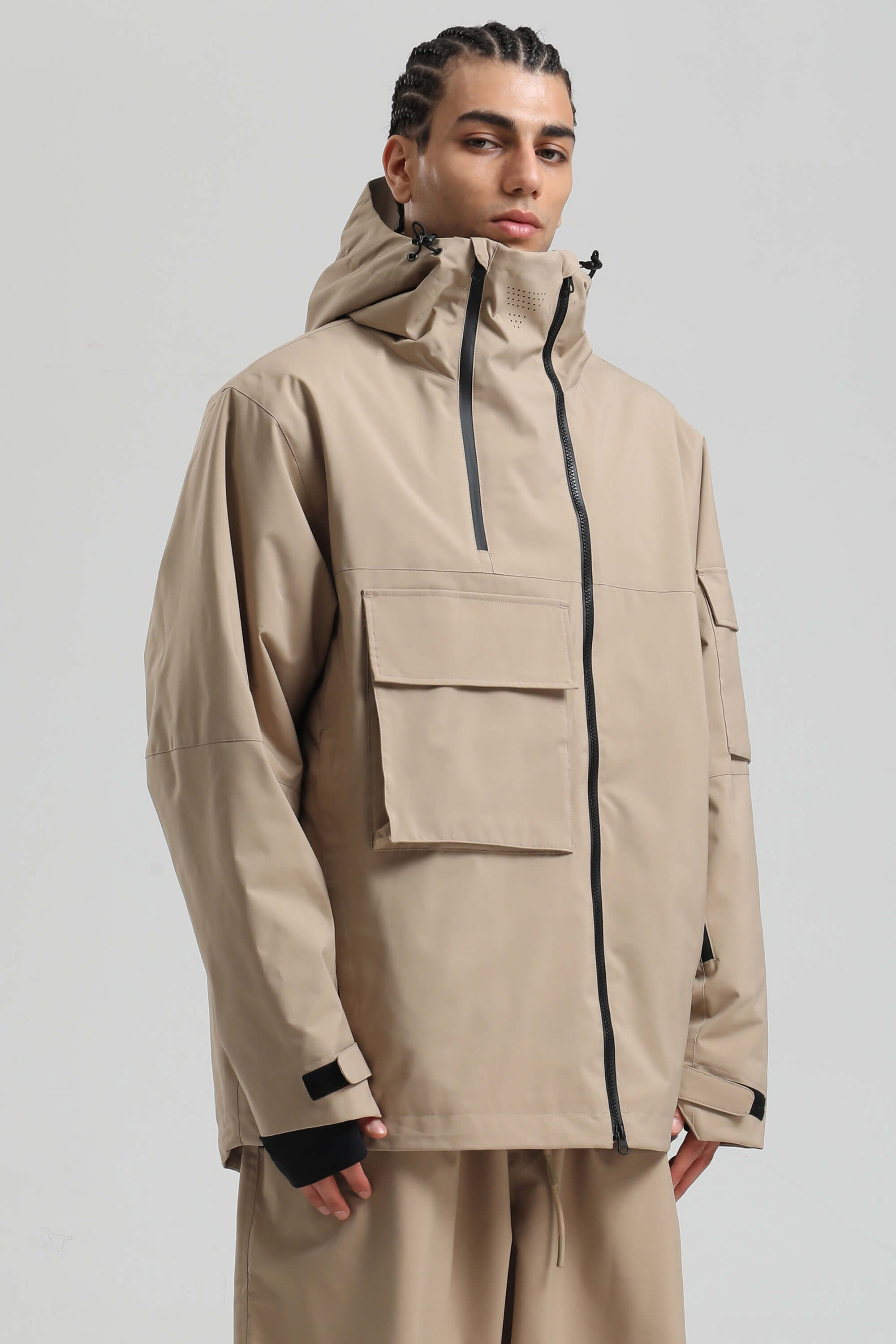 Men's Khaki Asym-Zip Utility Snow Jacket Pocket Waterproof Ski Jacket - Gsou Snow