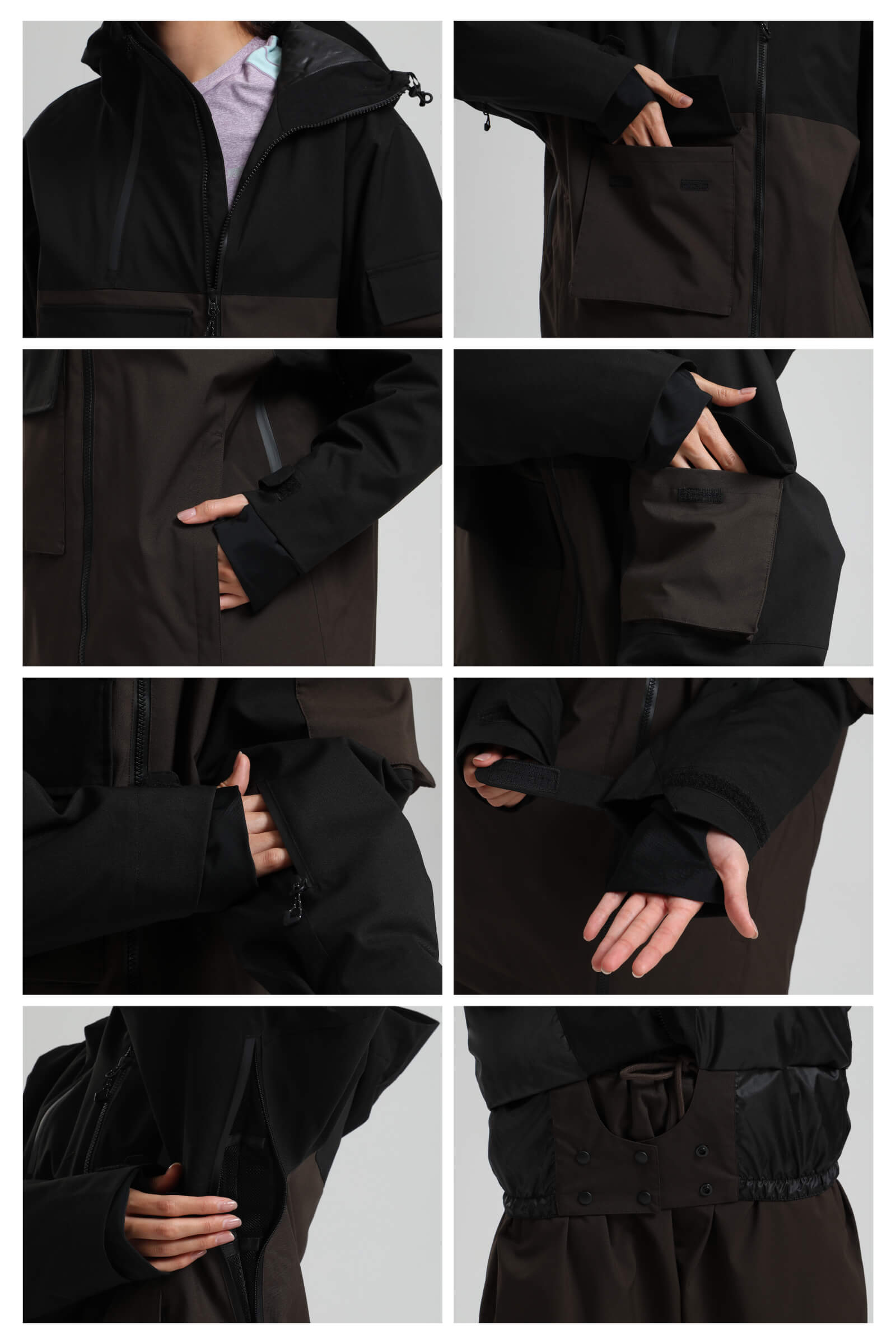 Men's Black & Coffee Asym-Zip Multi-Pocket Ski Jacket Utility Waterproof Snow Jacket