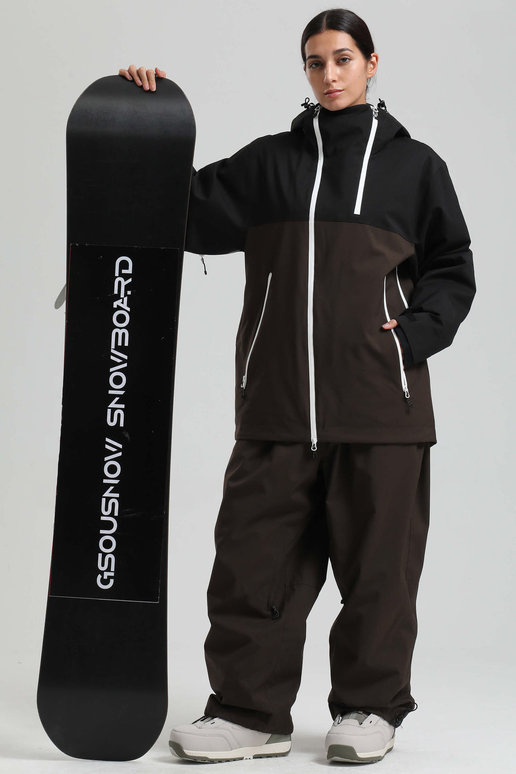 Women's Black & Coffee Face Vent Asym-Zip Snow Jacket Waterproof Insulated Ski Jacket - Gsou Snow