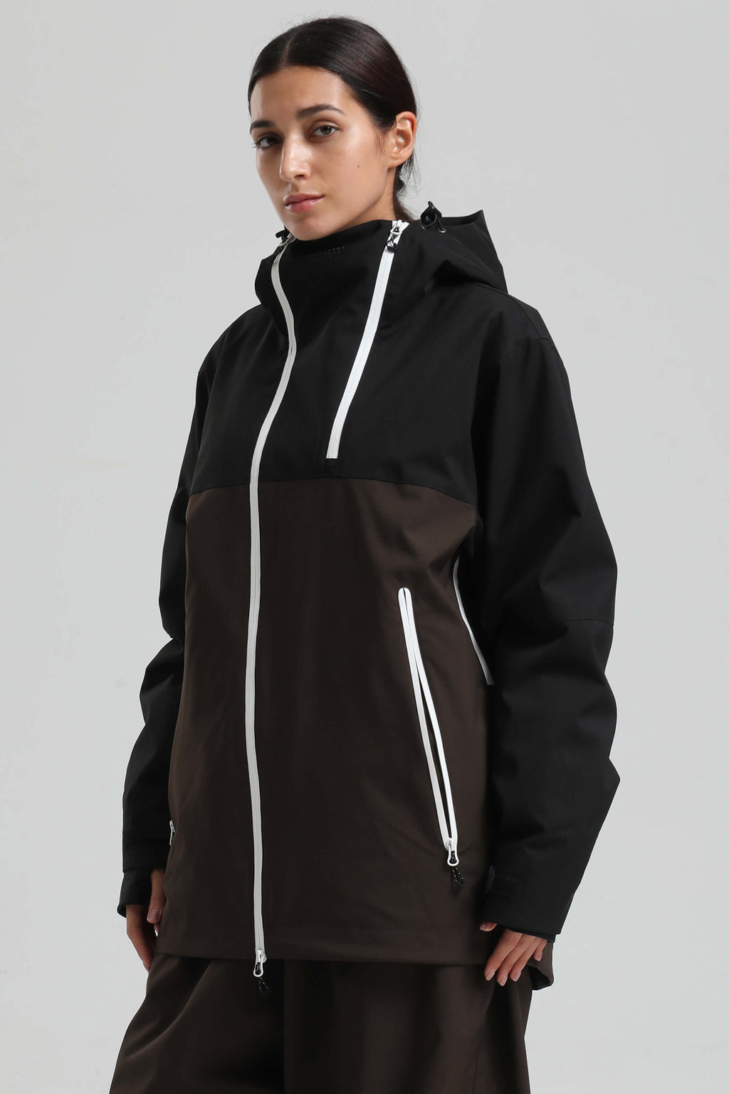 Women's Black & Coffee Face Vent Asym-Zip Snow Jacket Waterproof Insulated Ski Jacket - Gsou Snow