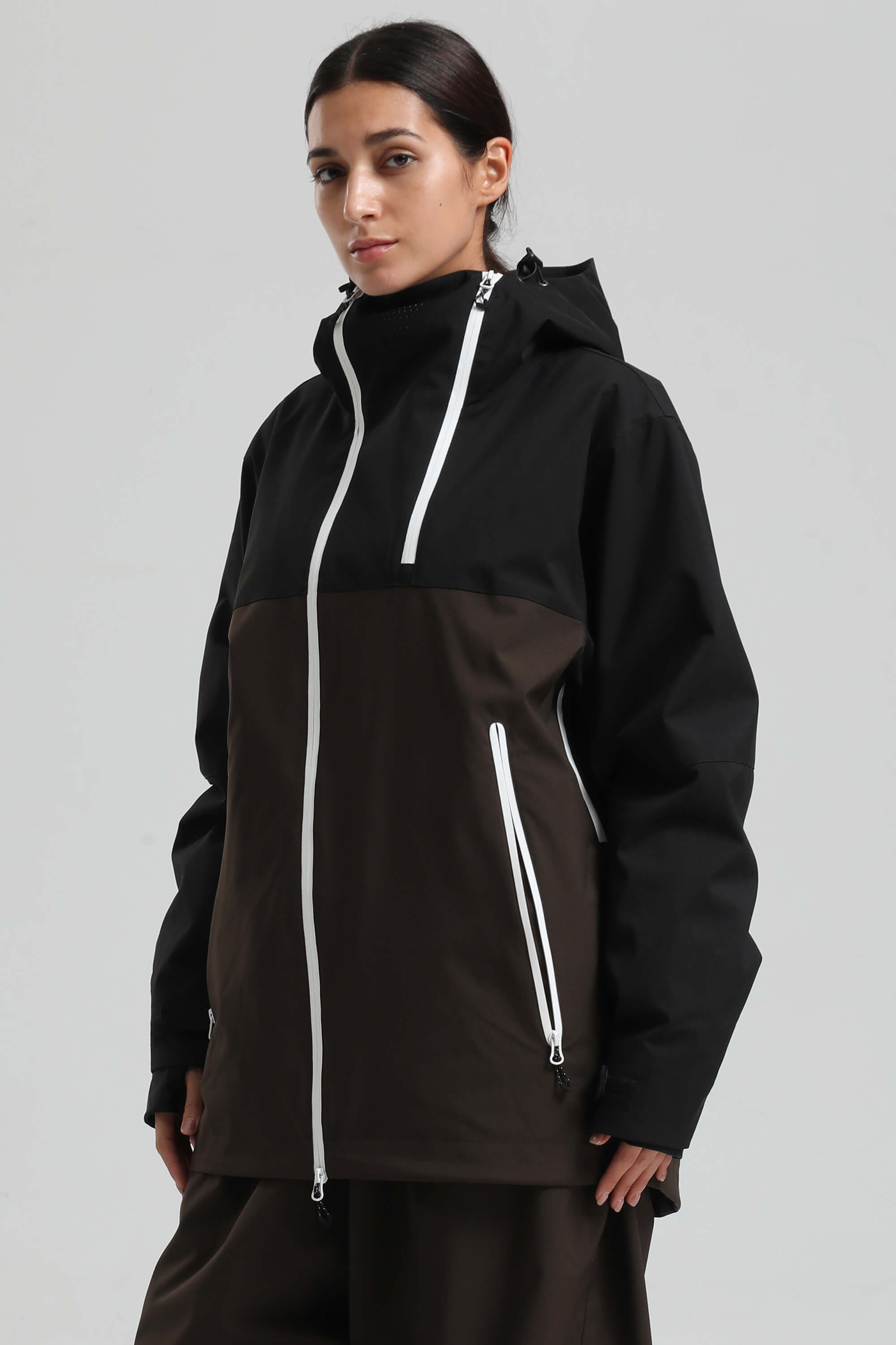 Women's Black & Coffee Face Vent Asym-Zip Snow Jacket Waterproof Insulated Ski Jacket - Gsou Snow