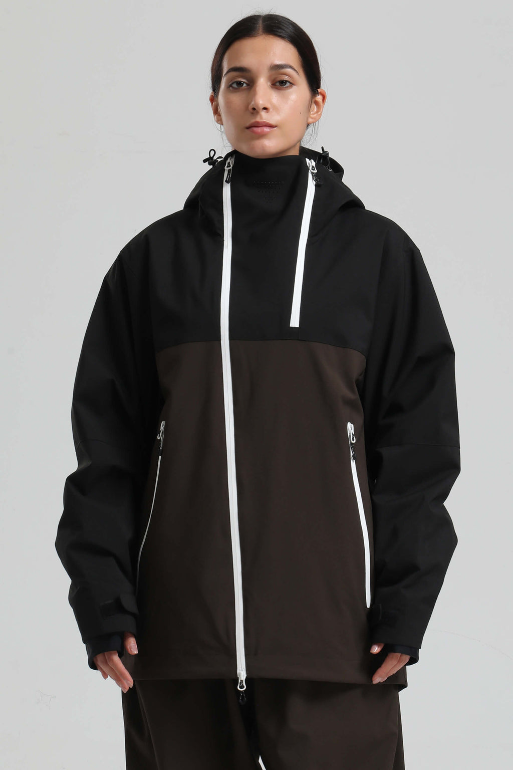 Women's Black & Coffee Face Vent Asym-Zip Snow Jacket Waterproof Insulated Ski Jacket - Gsou Snow