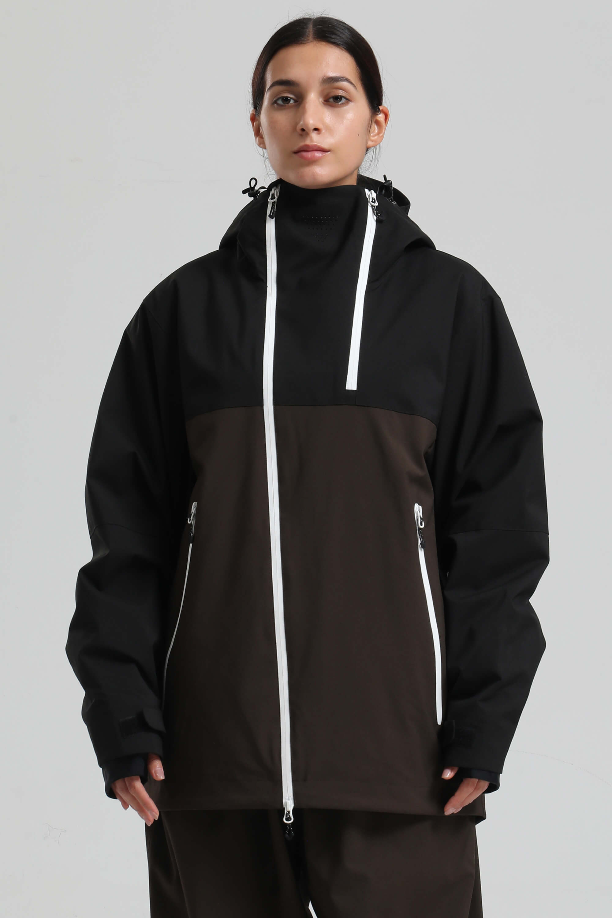 Women's Black & Coffee Face Vent Asym-Zip Snow Jacket Waterproof Insulated Ski Jacket - Gsou Snow