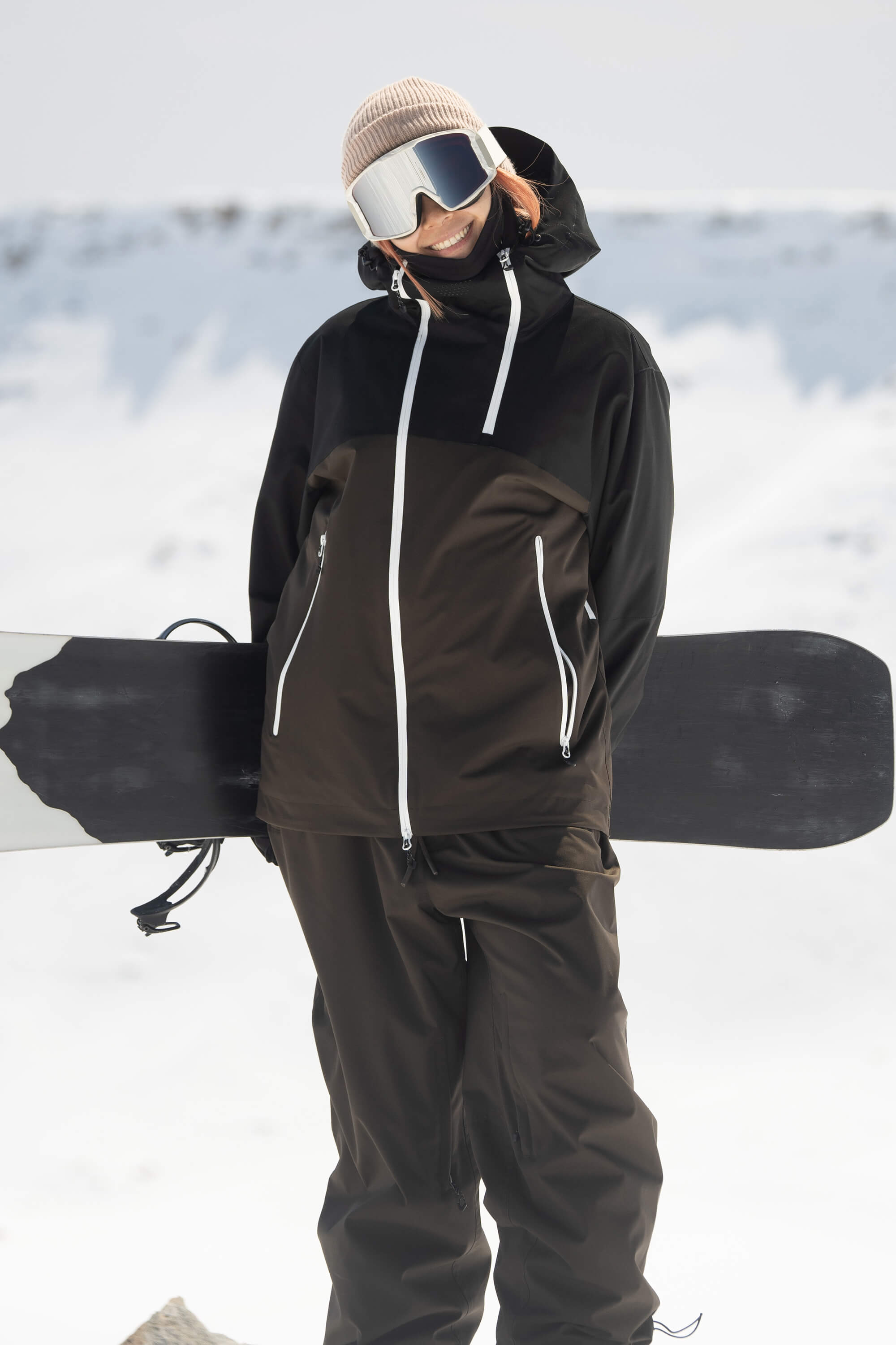 Women's Black & Coffee Asym-Zip Face-Vent Ski Jacket Waterproof Insulated Snow Jacket