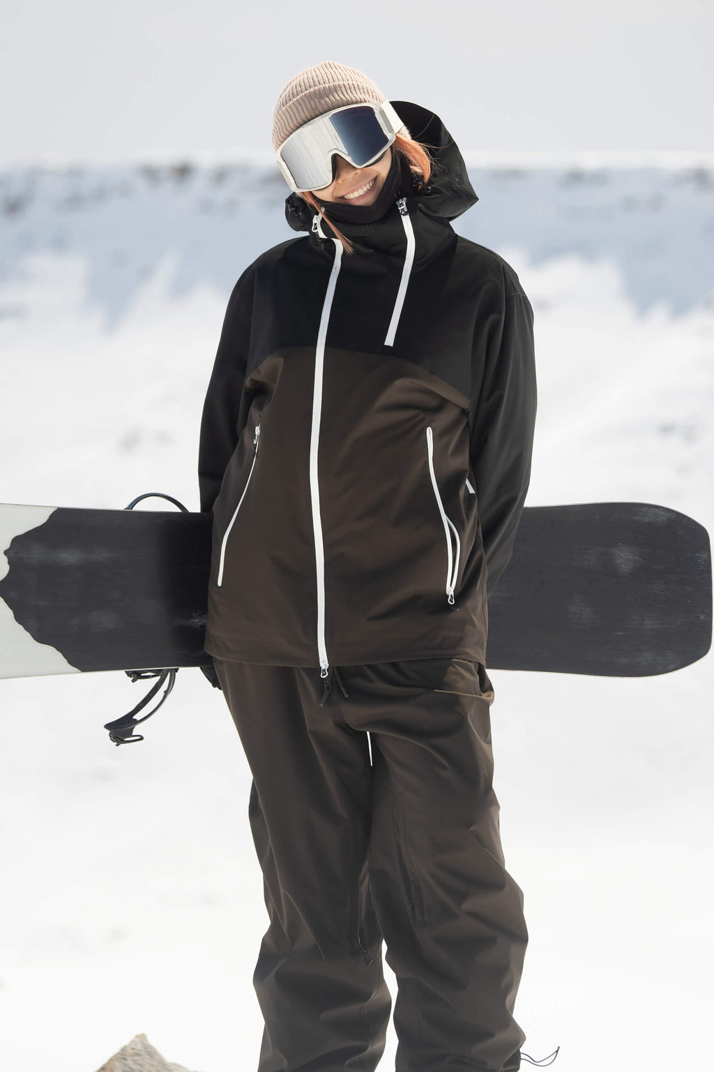 Women's Black & Coffee Face Vent Asym-Zip Snow Jacket Waterproof Insulated Ski Jacket - Gsou Snow