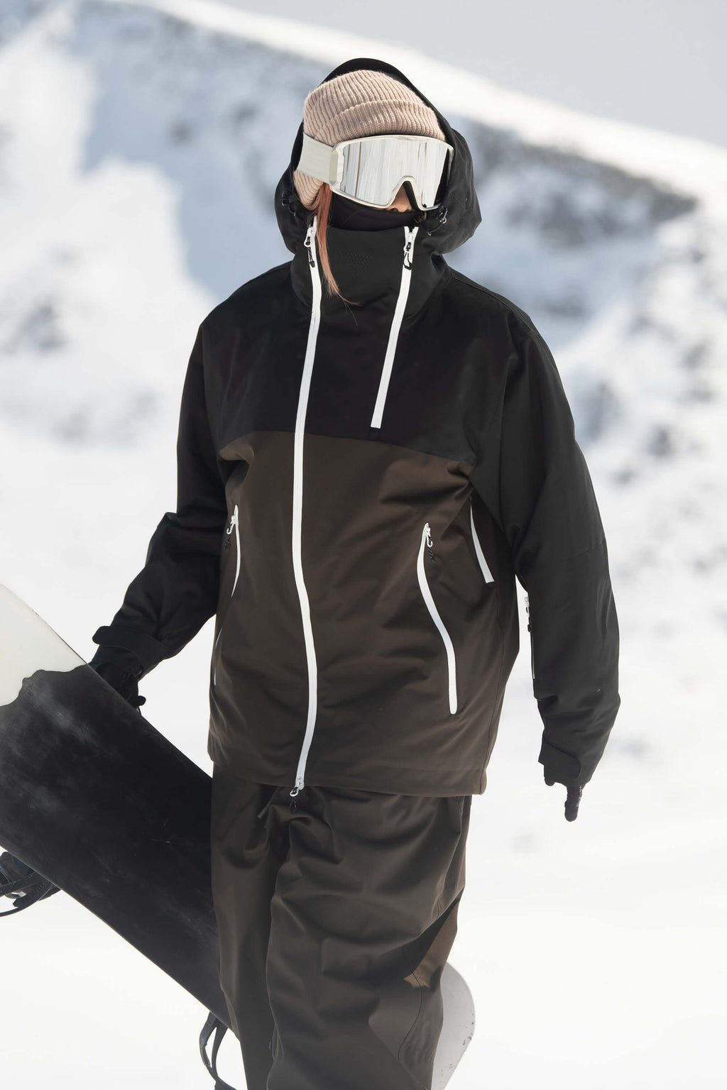 Women's Black & Khaki Asym-Zip Face-Vent Ski Jacket Waterproof Insulated Snow Jacket